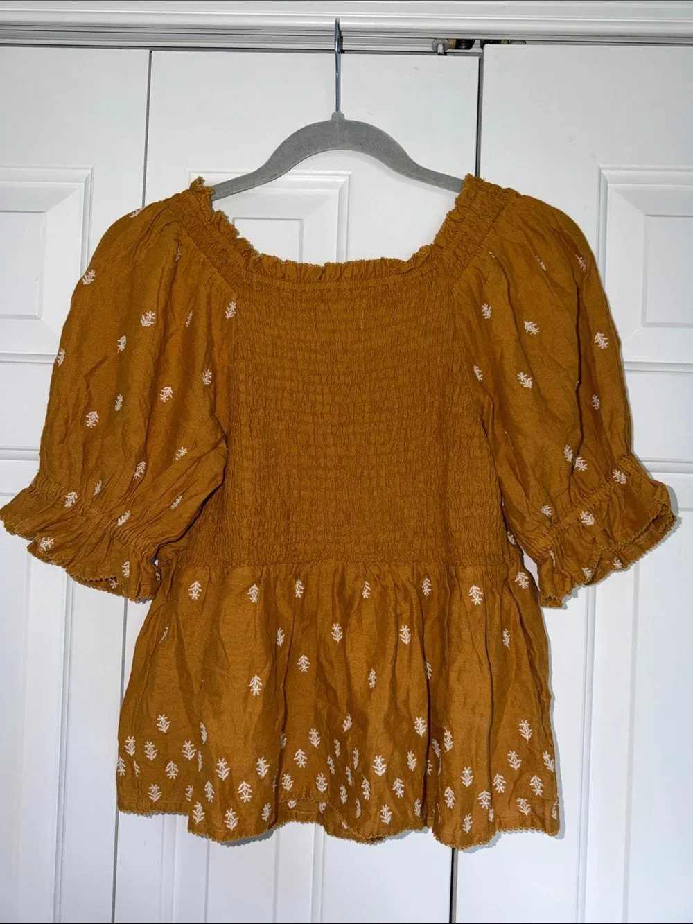 Old Navy Women's Mustard Embroidered Folk Art Peasant Blouse